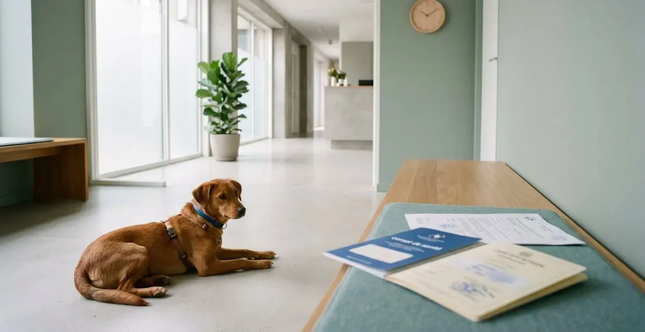 Animal récemment adopté avec certificat de santé lors d'une consultation vétérinaire post-adoption