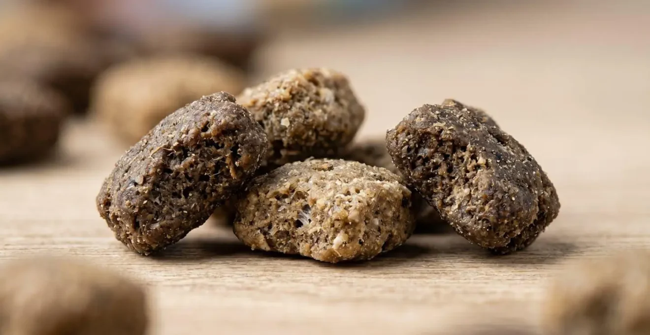 Gros plan sur des croquettes spécialisées pour chat insuffisant rénal avec texture détaillée