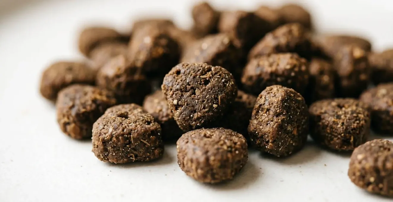 Gros plan sur des croquettes thérapeutiques de qualité pour chat avec éclairage naturel