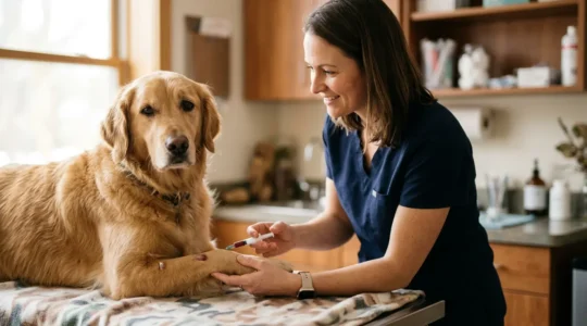 Vétérinaire effectuant un prélèvement sanguin sur un animal de compagnie dans une clinique moderne