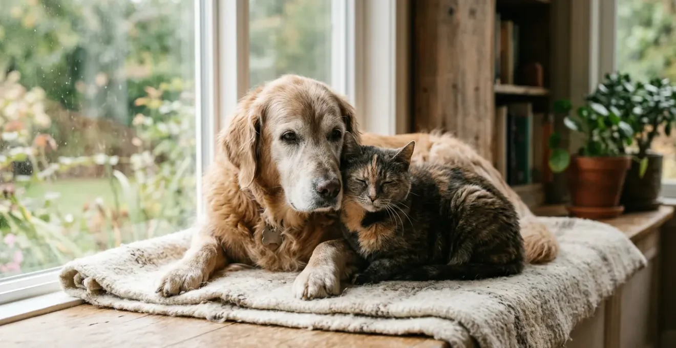 Chien et chat senior côte à côte dans un environnement calme et rassurant