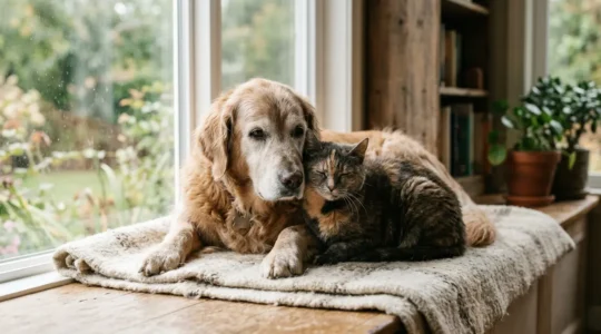 Chien et chat senior côte à côte dans un environnement calme et rassurant