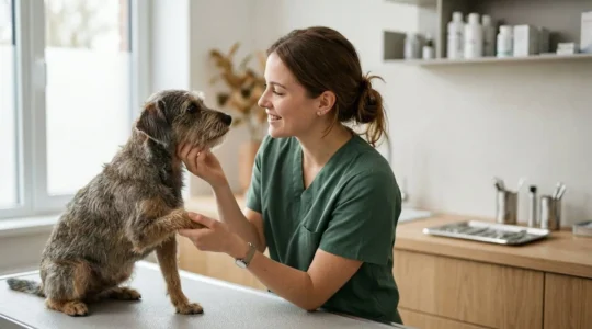 Propriétaire d'animal avec son compagnon lors d'une visite vétérinaire préventive