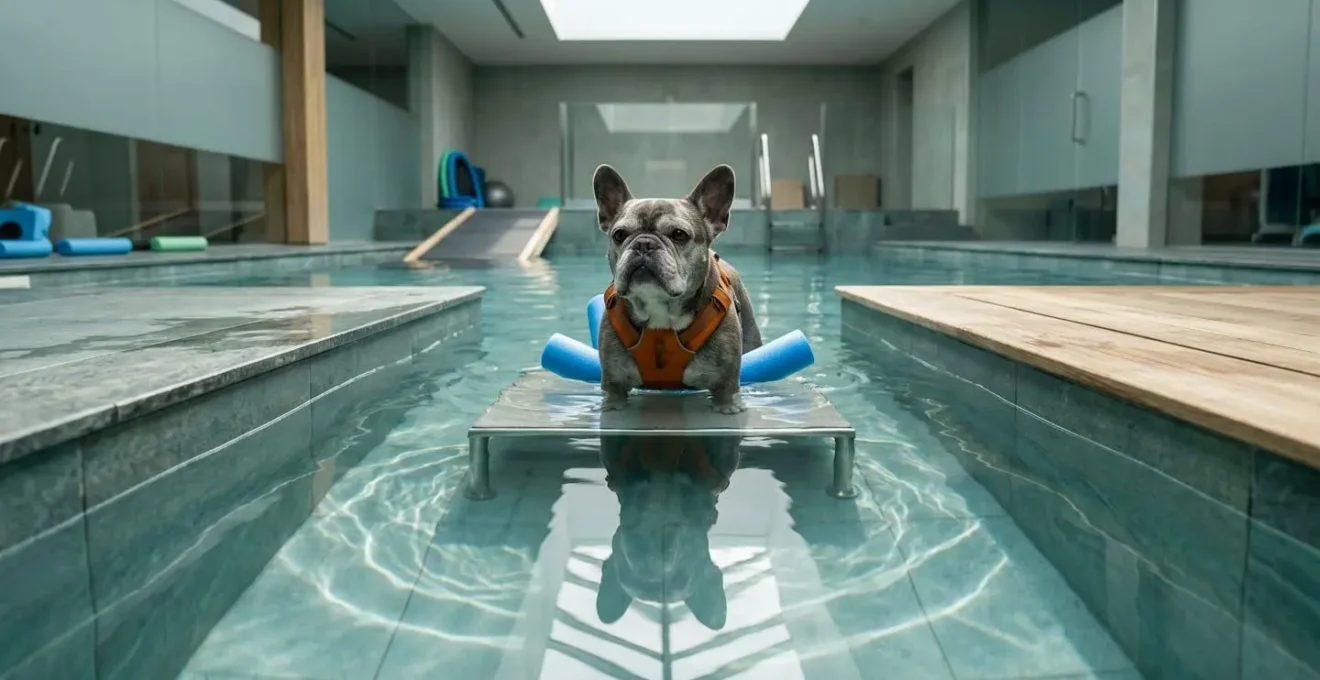 Bouledogue Français âgé en séance d'hydrothérapie thérapeutique