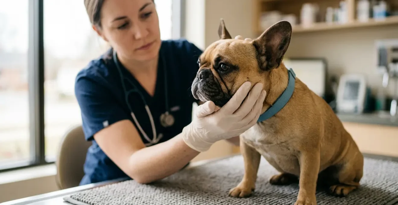 Portrait d'un Bouledogue Français lors d'une consultation vétérinaire bienveillante