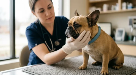 Portrait d'un Bouledogue Français lors d'une consultation vétérinaire bienveillante