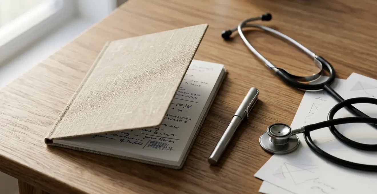 Carnet de santé vétérinaire posé sur un bureau avec stylo et documents d'assurance animale