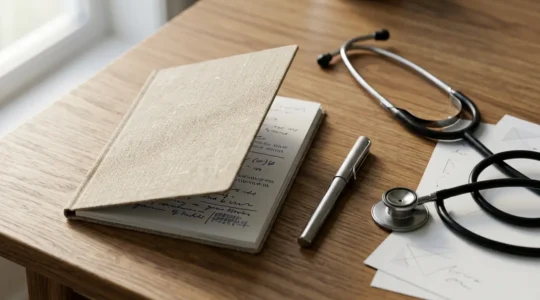 Carnet de santé vétérinaire posé sur un bureau avec stylo et documents d'assurance animale