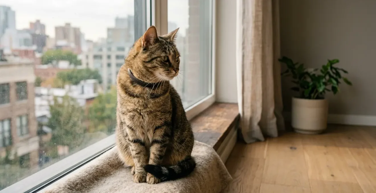 Chat d'appartement assis près d'une fenêtre avec une atmosphère contemplative illustrant le coût des soins vétérinaires