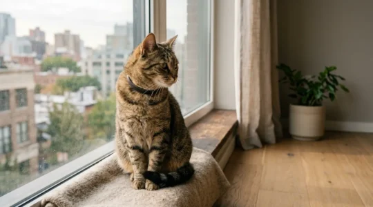 Chat d'appartement assis près d'une fenêtre avec une atmosphère contemplative illustrant le coût des soins vétérinaires
