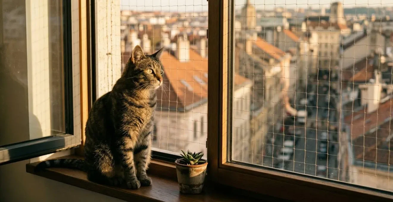 Chat tigré observant depuis une fenêtre sécurisée avec vue sur la ville