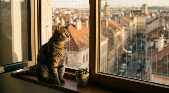 Chat tigré observant depuis une fenêtre sécurisée avec vue sur la ville