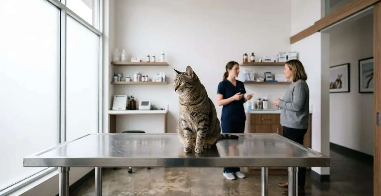 Chat en consultation vétérinaire avec propriétaire analysant des coûts