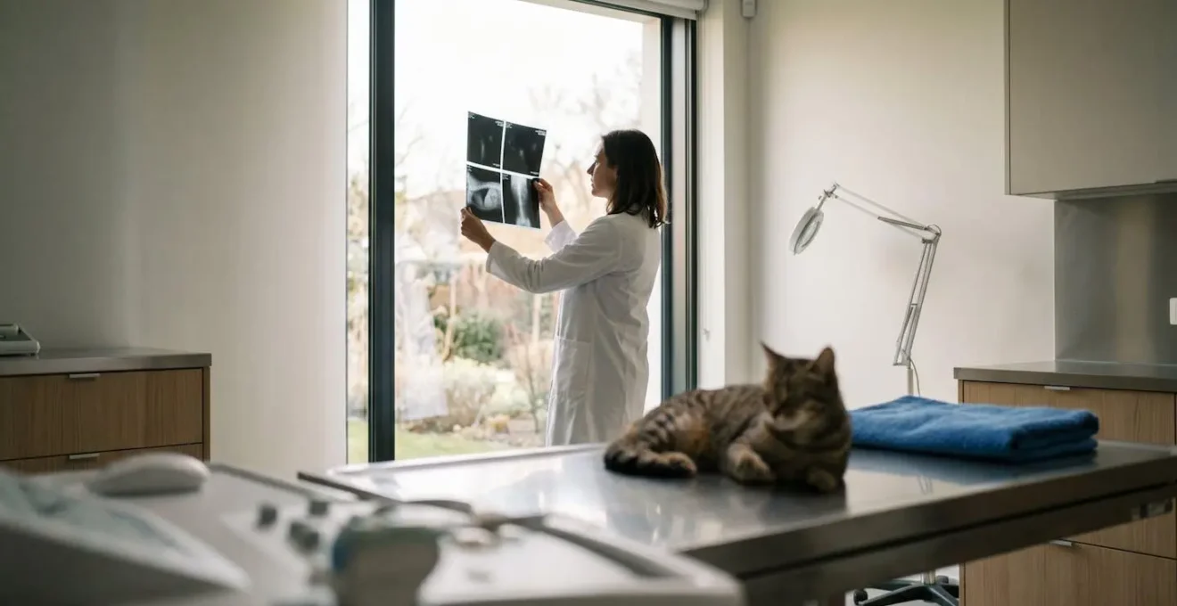 Vétérinaire examinant une radiographie montrant une fracture féline