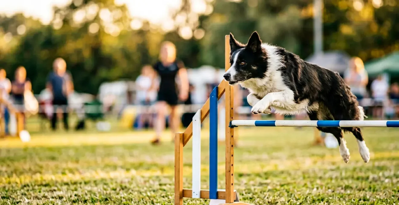 Chien franchissant un obstacle lors d'une compétition sportive de type agility