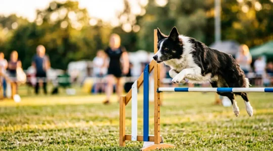 Chien franchissant un obstacle lors d'une compétition sportive de type agility