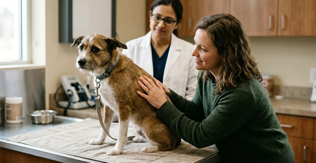 Propriétaire réconfortant son chien anxieux lors d'une consultation vétérinaire comportementale
