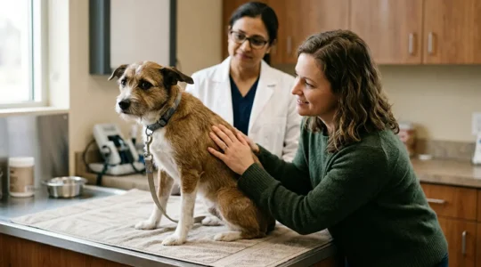 Propriétaire réconfortant son chien anxieux lors d'une consultation vétérinaire comportementale