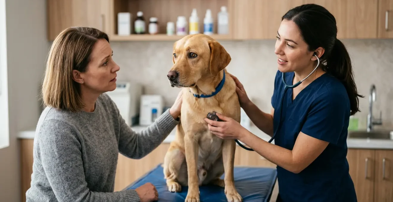 Propriétaire consultant un vétérinaire comportementaliste avec son chien anxieux dans un cabinet vétérinaire moderne