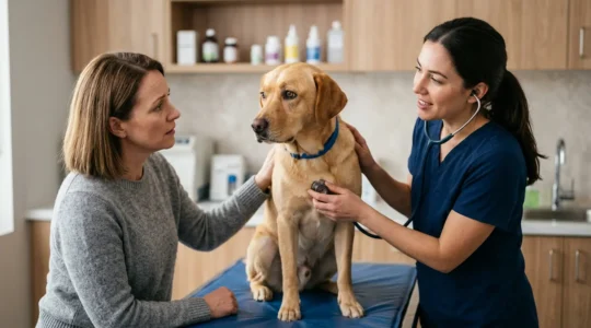 Propriétaire consultant un vétérinaire comportementaliste avec son chien anxieux dans un cabinet vétérinaire moderne