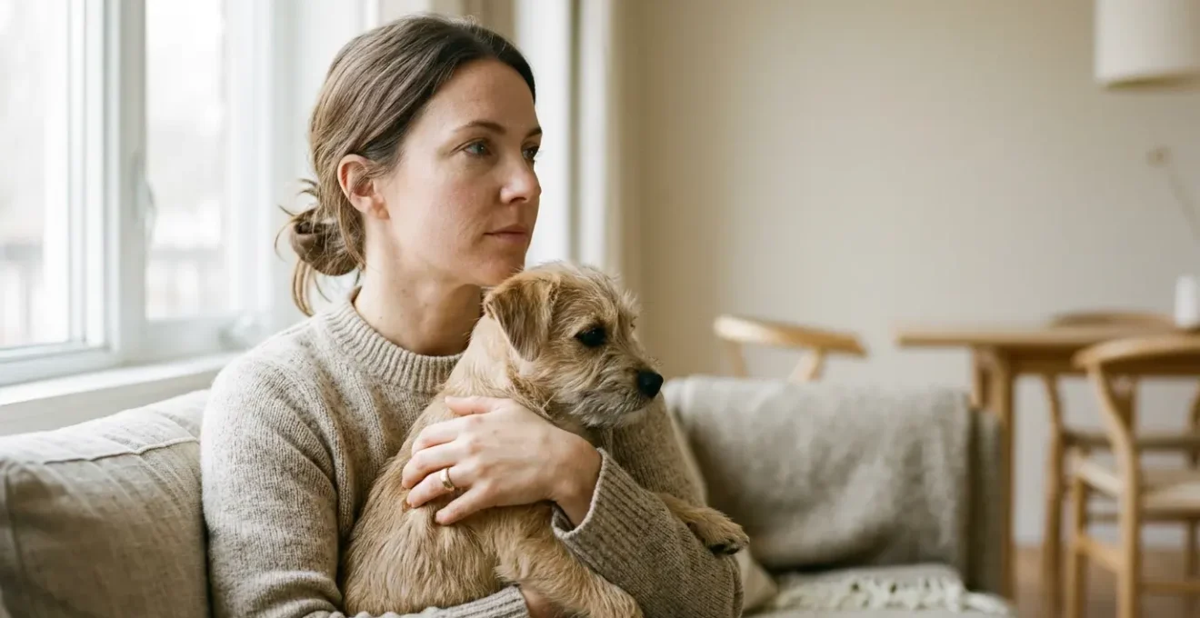 Propriétaire réfléchissant au niveau de garantie d'assurance pour son animal de compagnie en bonne santé