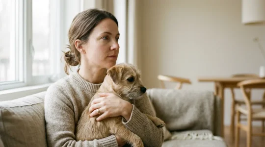 Propriétaire réfléchissant au niveau de garantie d'assurance pour son animal de compagnie en bonne santé