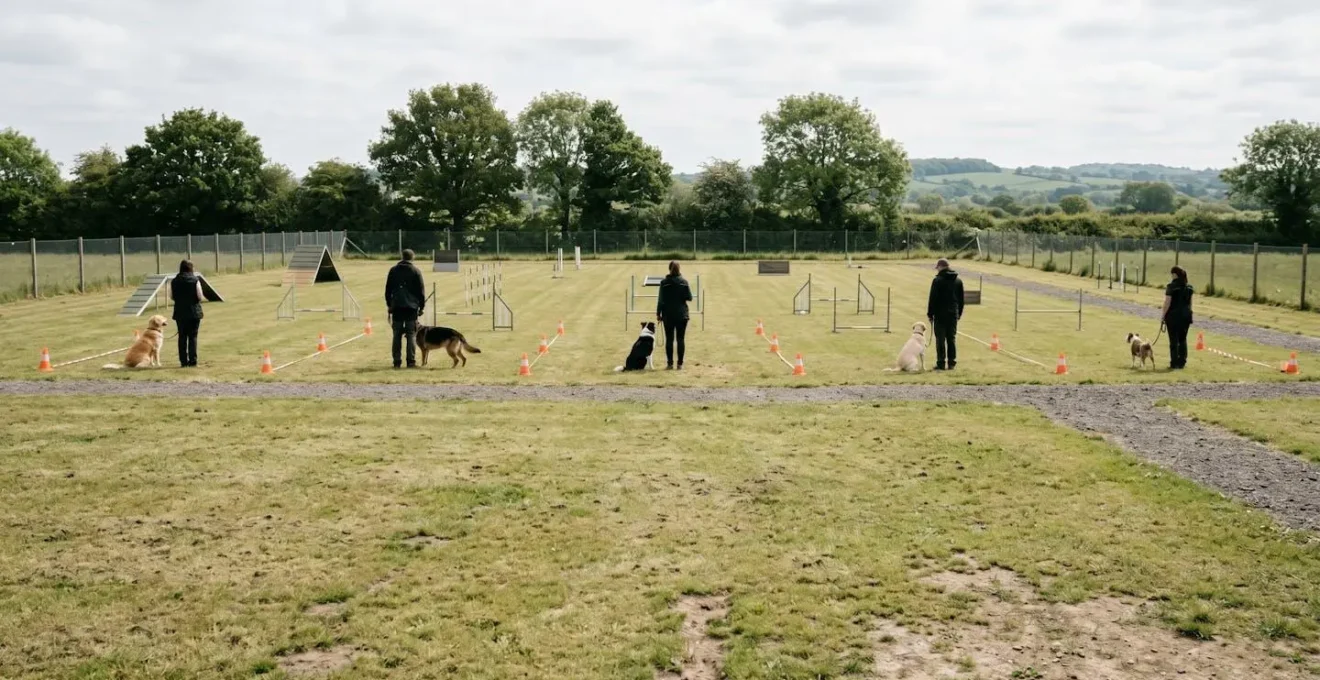 Groupe de chiens lors d'une séance de socialisation en club canin sur terrain extérieur