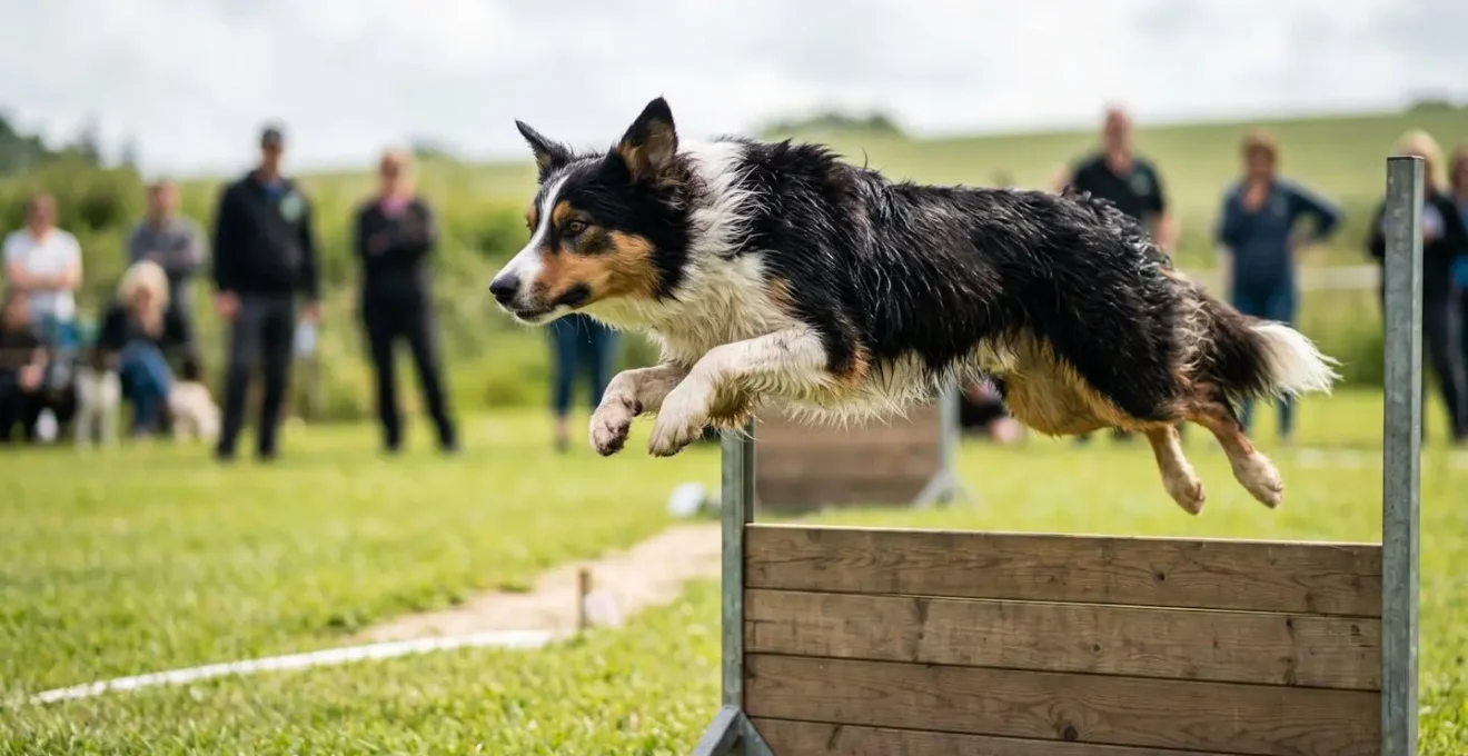 Chien en pleine action lors d'une compétition sportive canine illustrant les risques spécifiques