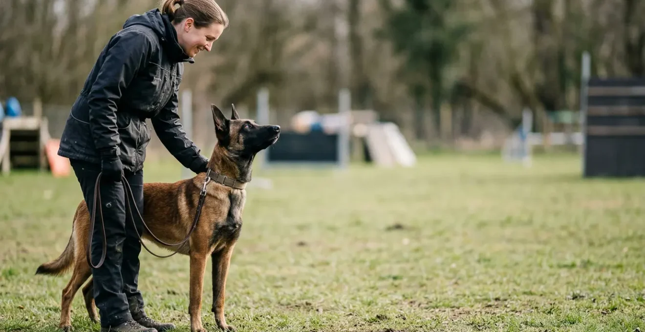 Chien en éducation sur un terrain de club canin avec son maître pendant un exercice d'obéissance