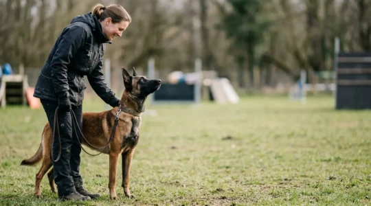 Chien en éducation sur un terrain de club canin avec son maître pendant un exercice d'obéissance