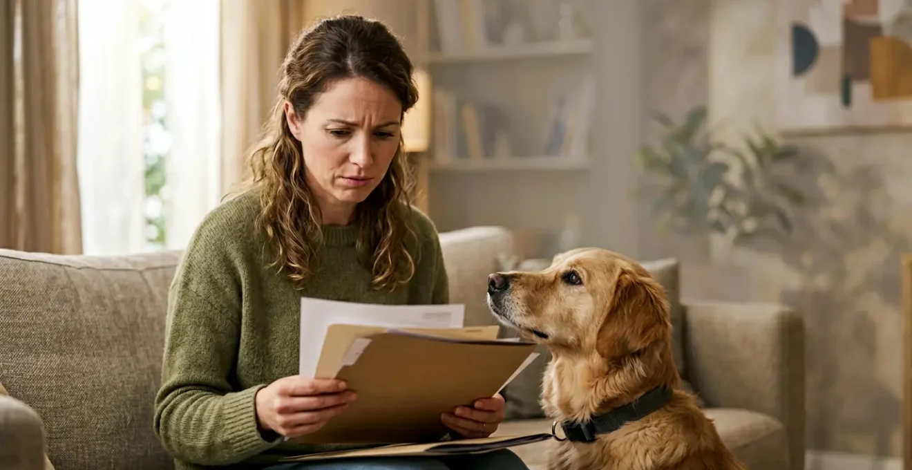 Propriétaire de chien dans son salon regardant des documents d'assurance avec inquiétude