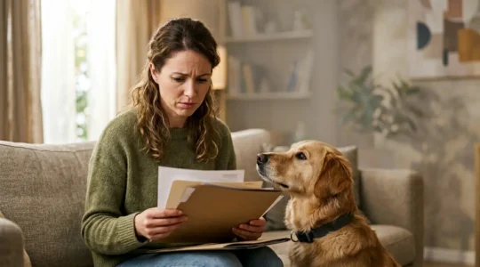 Propriétaire de chien dans son salon regardant des documents d'assurance avec inquiétude