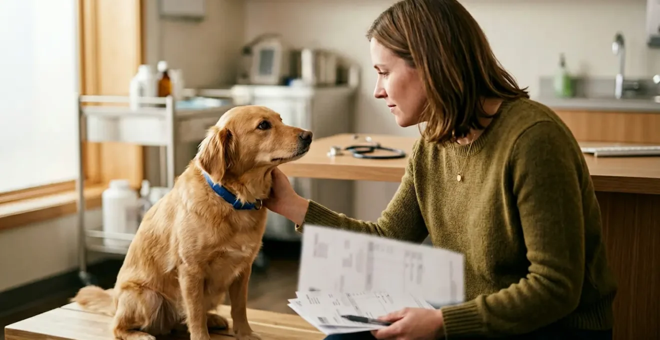Un propriétaire et son chien lors d'une consultation vétérinaire avec des éléments évoquant la gestion budgétaire
