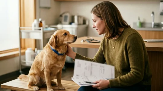Un propriétaire et son chien lors d'une consultation vétérinaire avec des éléments évoquant la gestion budgétaire