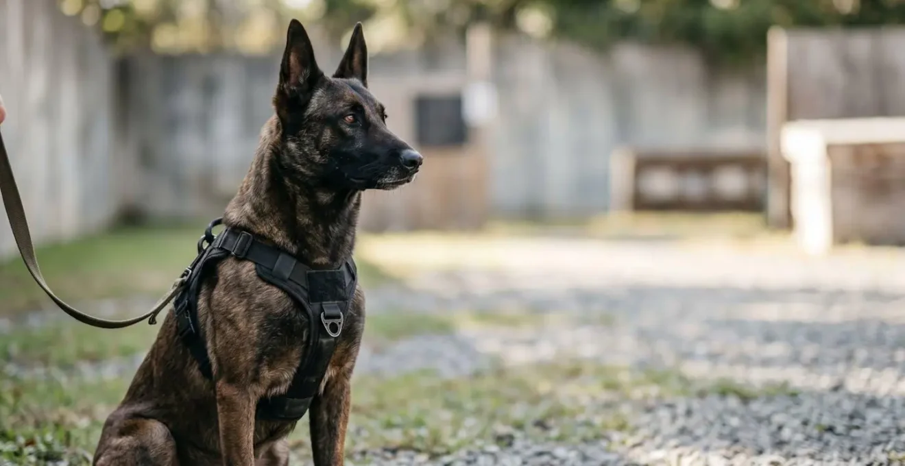 Chien de sécurité professionnellement dressé en position de garde symbolisant sa valeur marchande
