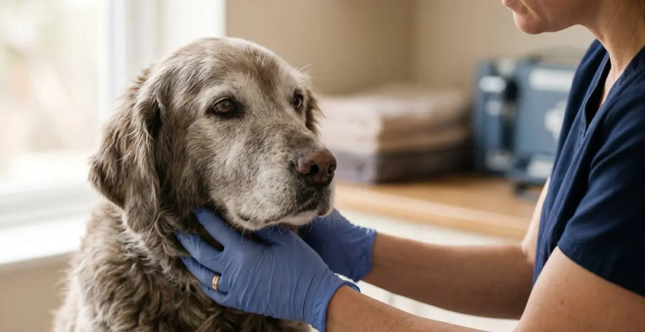 Chien âgé lors d'une consultation vétérinaire, main du vétérinaire examinant l'animal avec douceur