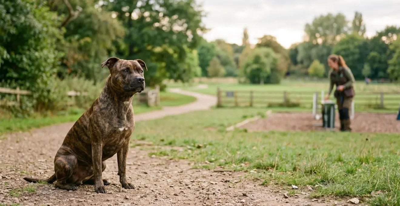 Chien de type Staffordshire pendant une séance d'éducation canine
