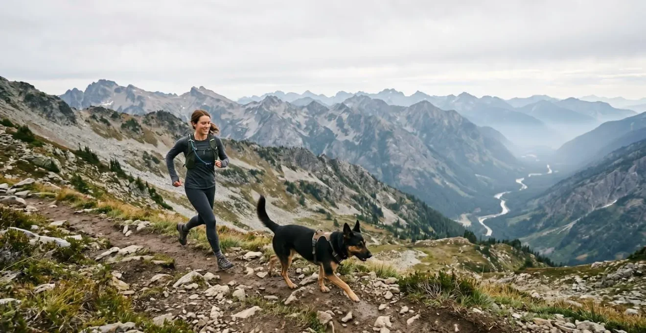 Chien de trail en action sur sentier de montagne lors d'une sortie de canicross