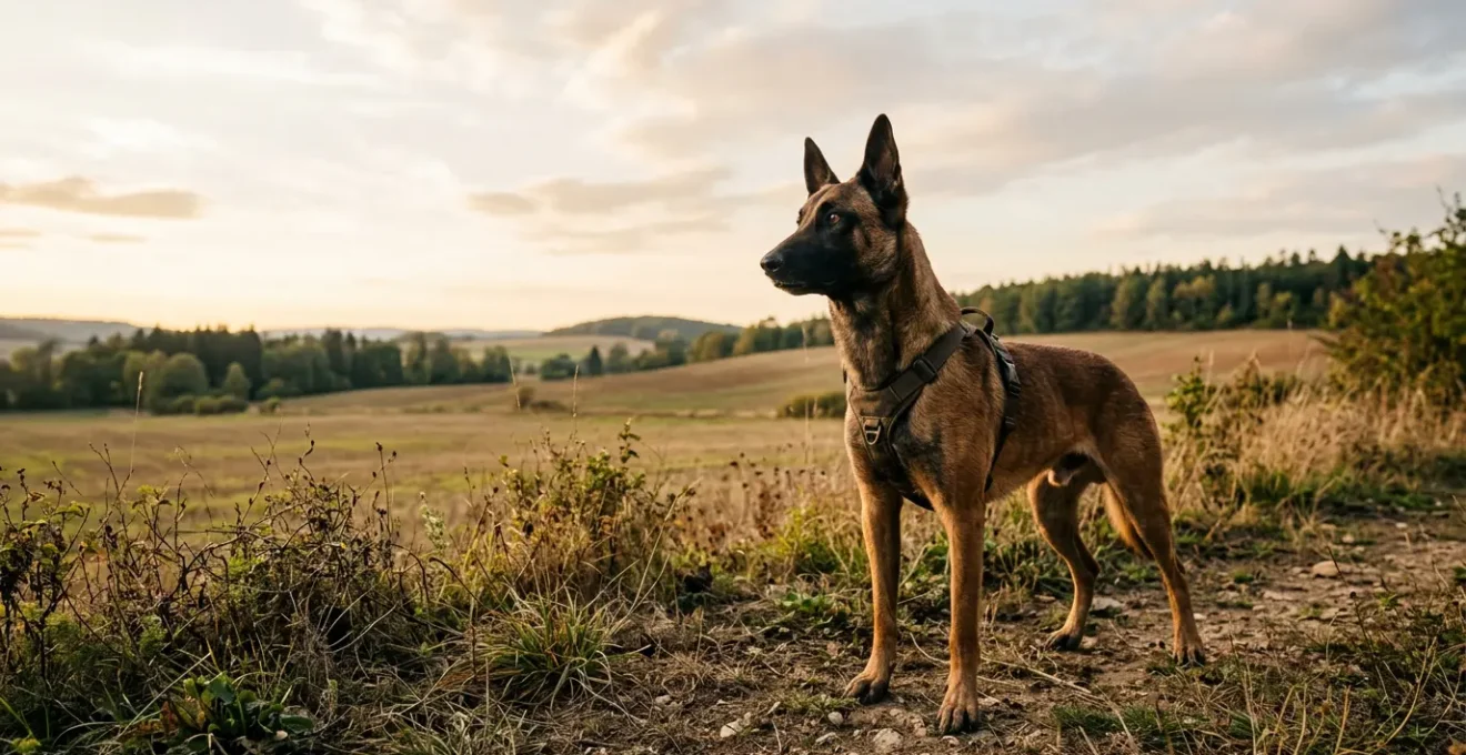 Chien de travail professionnel en action dans un environnement naturel illustrant les risques spécifiques