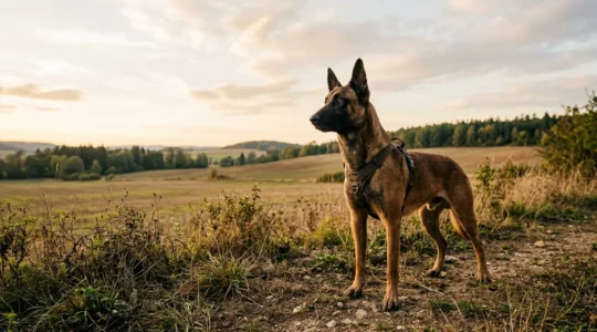 Chien de travail professionnel en action dans un environnement naturel illustrant les risques spécifiques