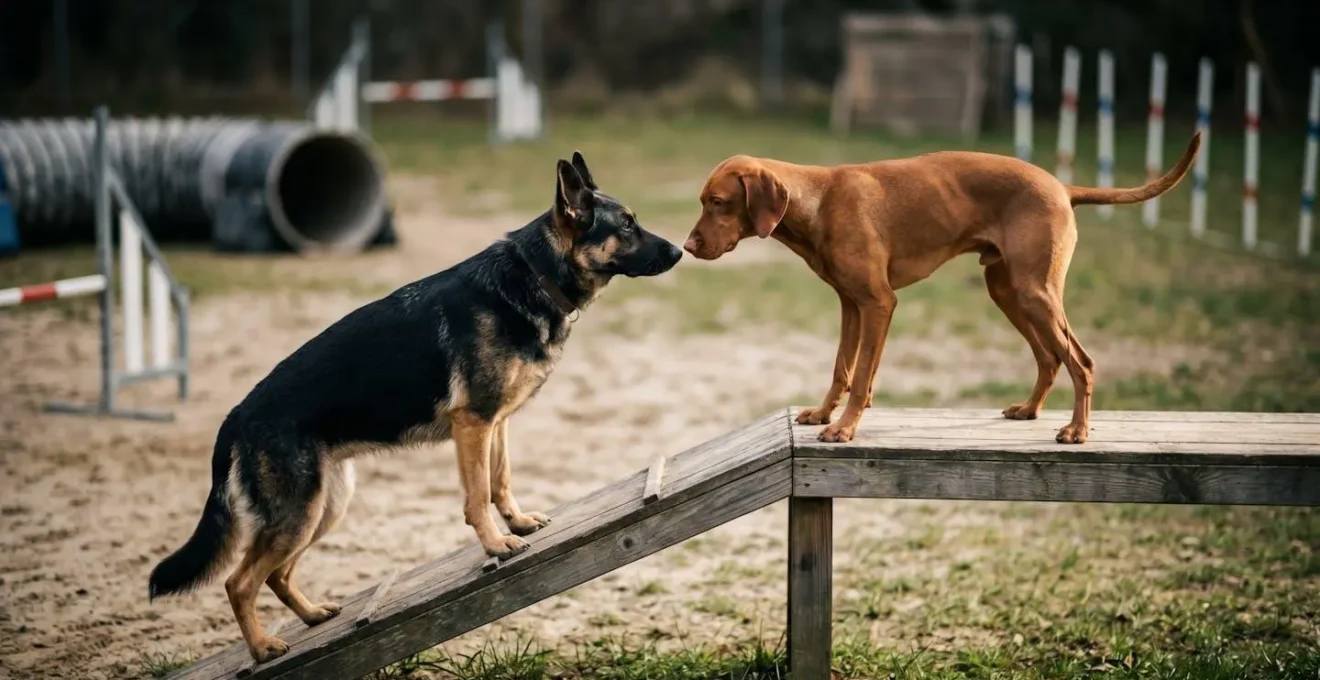Deux chiens en interaction sur un terrain de sport canin illustrant les risques couverts par la responsabilité civile