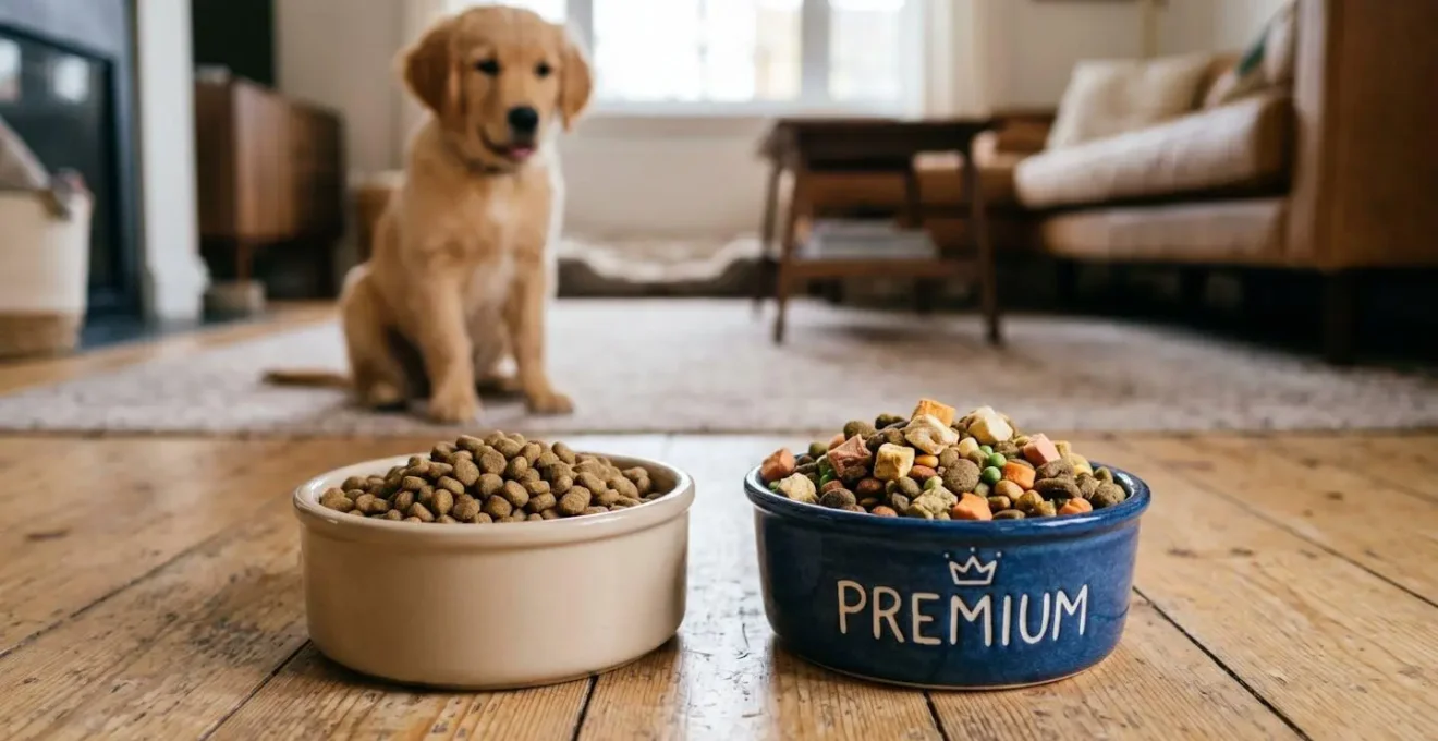 Deux gamelles de croquettes de qualités différentes avec un chien en arrière-plan, symbolisant le choix entre standard et premium.