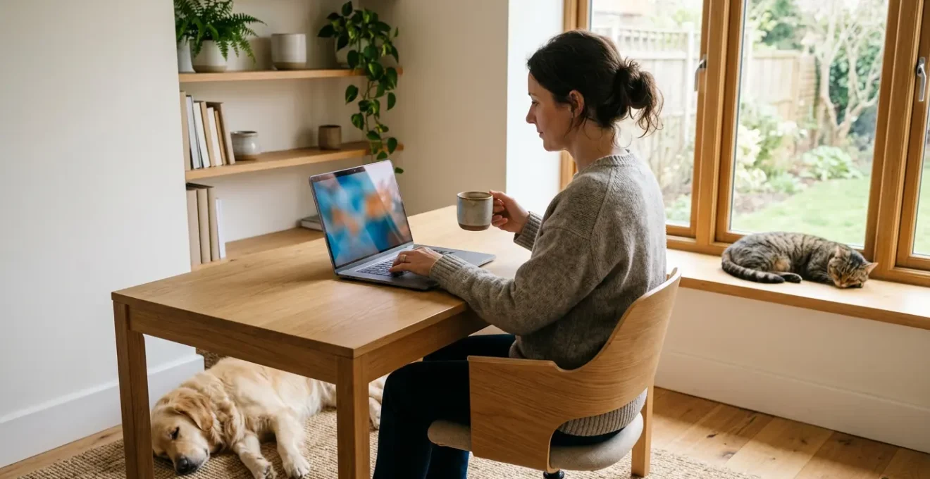 Personne utilisant un ordinateur portable avec des données floues sur l'écran, un chien et un chat à ses côtés dans un environnement serein
