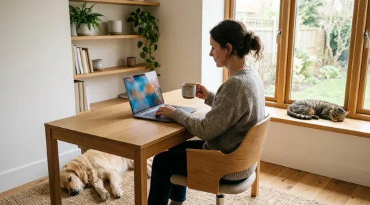 Personne utilisant un ordinateur portable avec des données floues sur l'écran, un chien et un chat à ses côtés dans un environnement serein