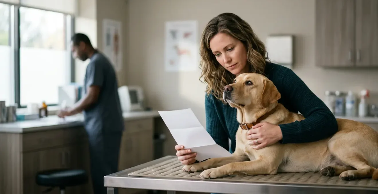 Propriétaire réfléchissant avec son chien lors d'une consultation vétérinaire importante concernant un examen d'imagerie coûteux