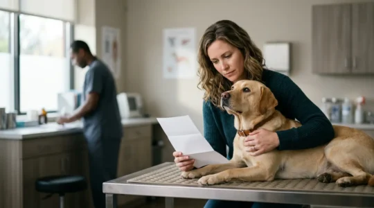 Propriétaire réfléchissant avec son chien lors d'une consultation vétérinaire importante concernant un examen d'imagerie coûteux
