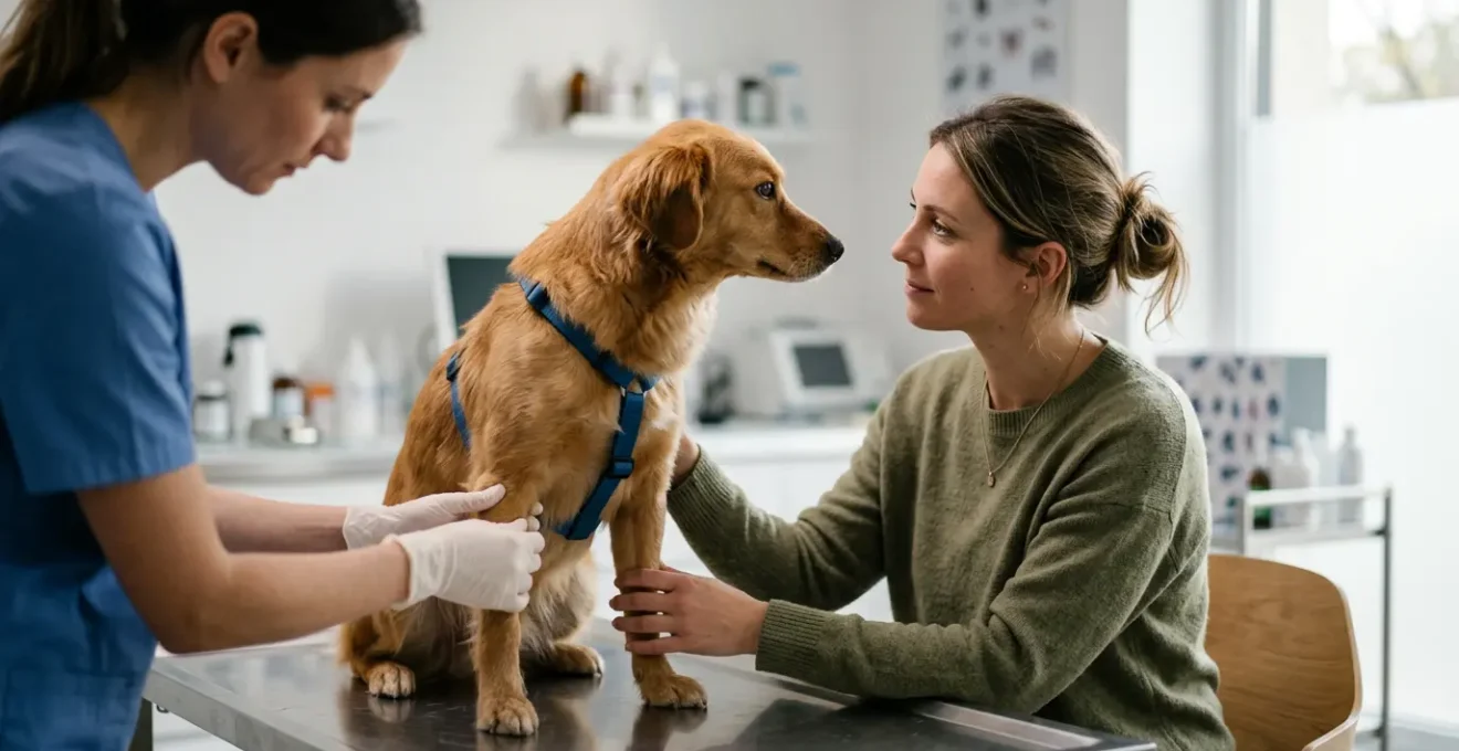 Propriétaire avec son chien consultant un vétérinaire en France pour réduire les frais de santé