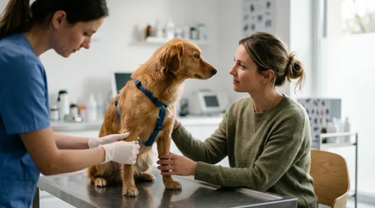Propriétaire avec son chien consultant un vétérinaire en France pour réduire les frais de santé