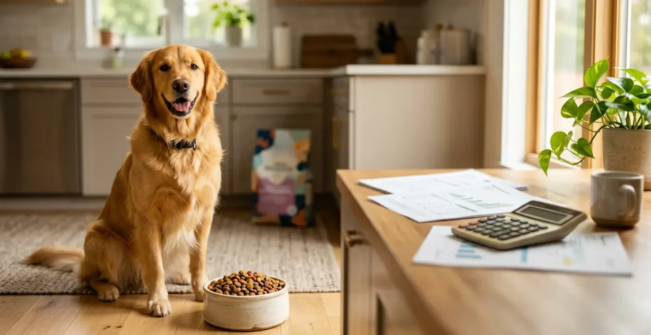 Chien golden retriever en bonne santé à côté d'une gamelle et documents financiers flous