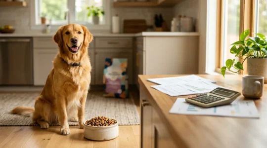 Chien golden retriever en bonne santé à côté d'une gamelle et documents financiers flous